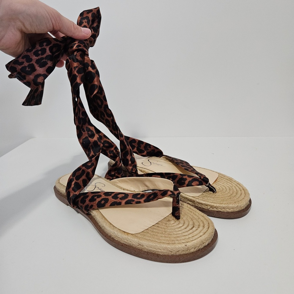 Jessica Simpson Flip Flops Thongs 6M Leopard Print Ankle Tie Espadrille Sandals